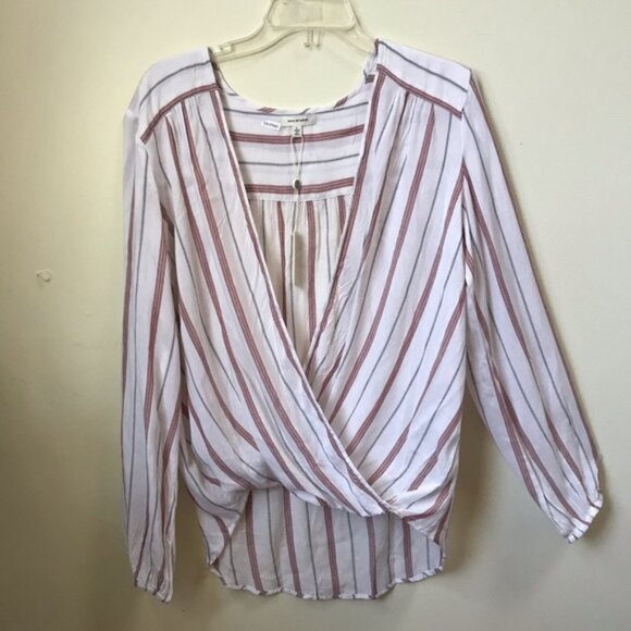Max Studio NEW Front Drape HiLow Top Blouse Tunic Shirt Striped Wrap Lightweight - Picture 1 of 15